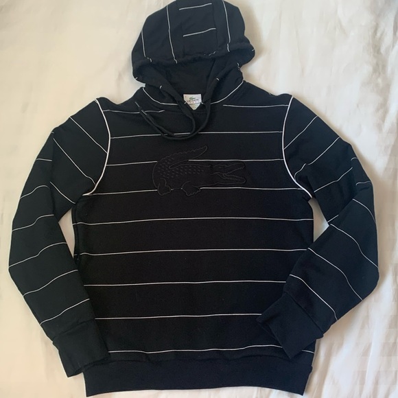 Lacoste giant logo black French terry cotton hoodie thin white stripes EUC - Picture 2 of 8